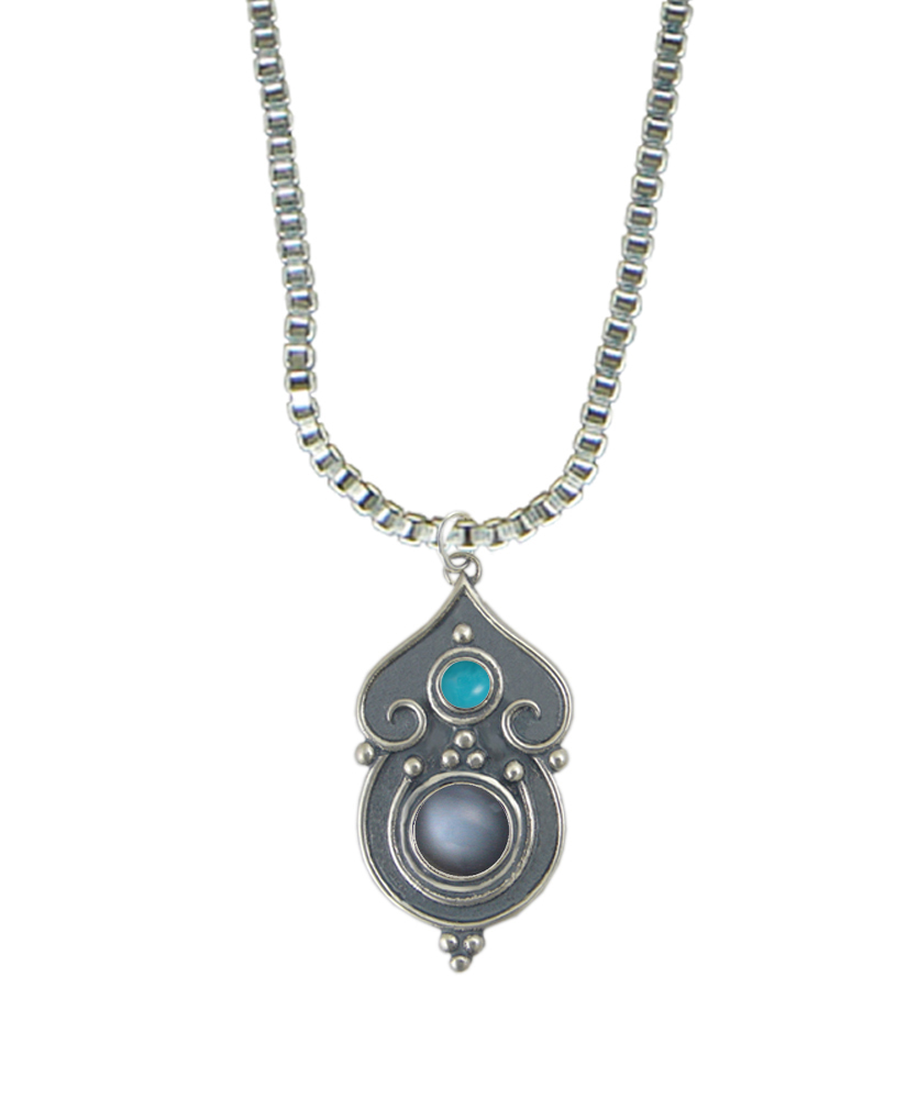 Sterling Silver Necklace Grey Moonstone And Turquoise